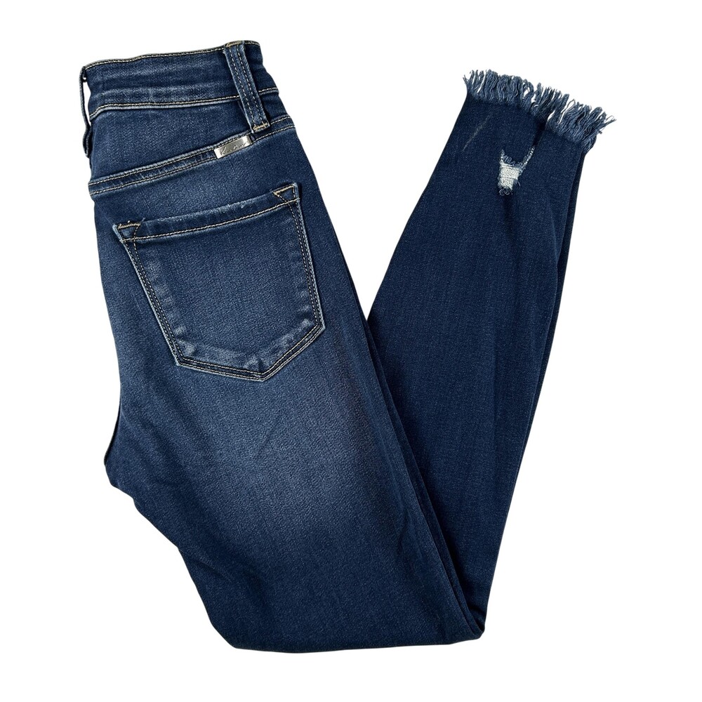 KanCan Skinny Jeans Womens 3/25 Blue Wash High Rise Distressed Frayed Hem 24x27